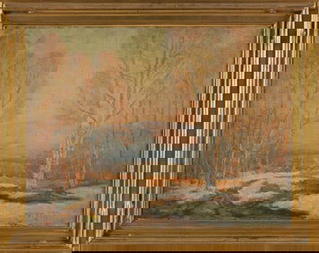 THOMAS R. CURTIN (Vermont/Massachusetts, 1899-1977), Sunset winter landscape., Oil on board, 12" x