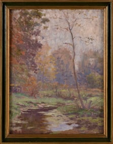 CHARLES FRANKLIN CHAMBERLAIN (Michigan/France, 1871-1947), "Autumn Stream"., Oil on masonite, 13" x