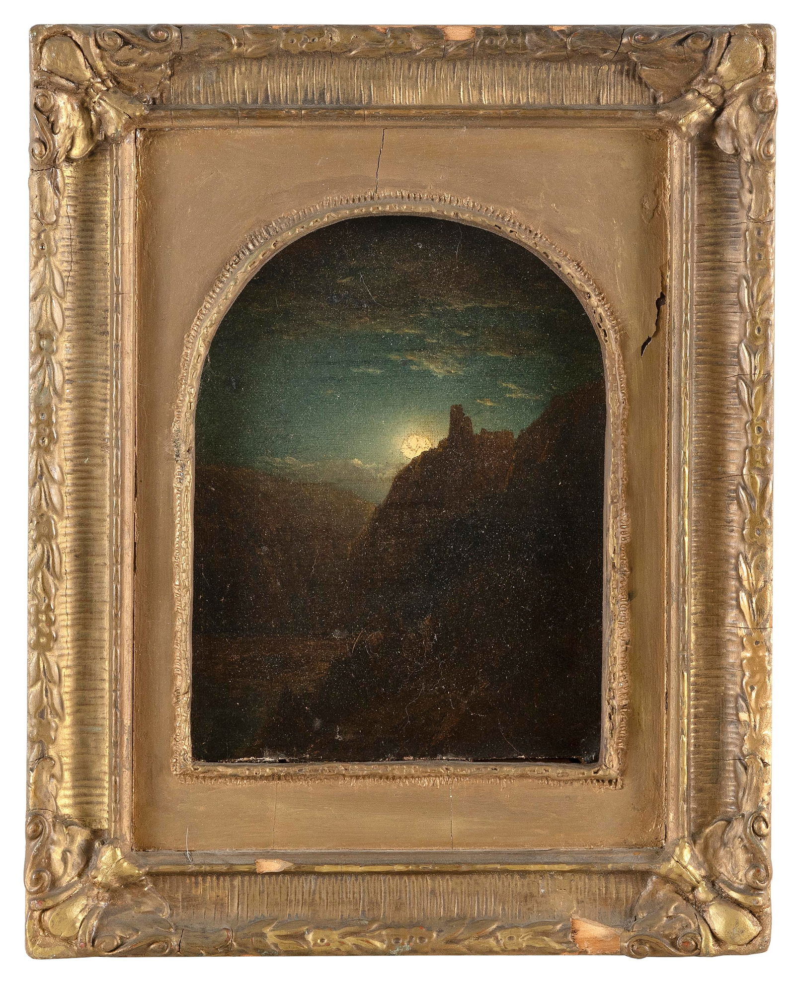 MANNER OF JOHN WILLIAM CASILEAR (New York/Vermont, 1811-1893), Moonlit cliff., Oil on canvas, 9" x (1 of 2)