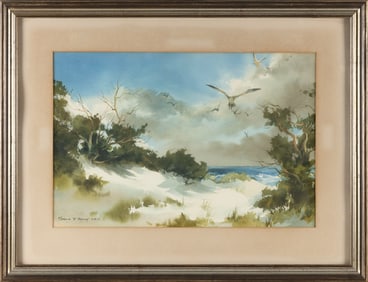 MARION B. BROWN (New York, 1913-1995), Shoreline landscape with gulls., Watercolor on paper, 14" x