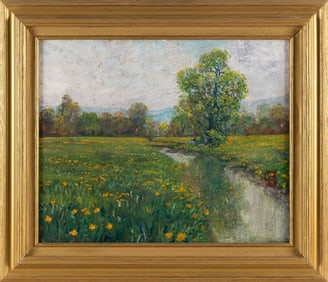 WALLY AMES (Vermont, 1942-), Dandelions in a meadow., Oil on board, 16" x 20". Framed 21.5" x 25.5".
