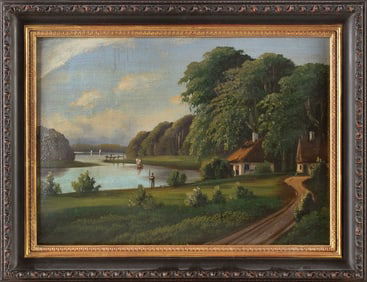 AMERICAN SCHOOL , Two cottages by a river., Oil on board, 10" x 14" sight. Framed 13.5" x 17.75".