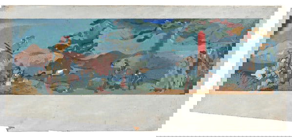 AMERICAN SCHOOL (Mid-20th Century,), Scene of Western expansion., Oil on board, image 5.75" x 20".