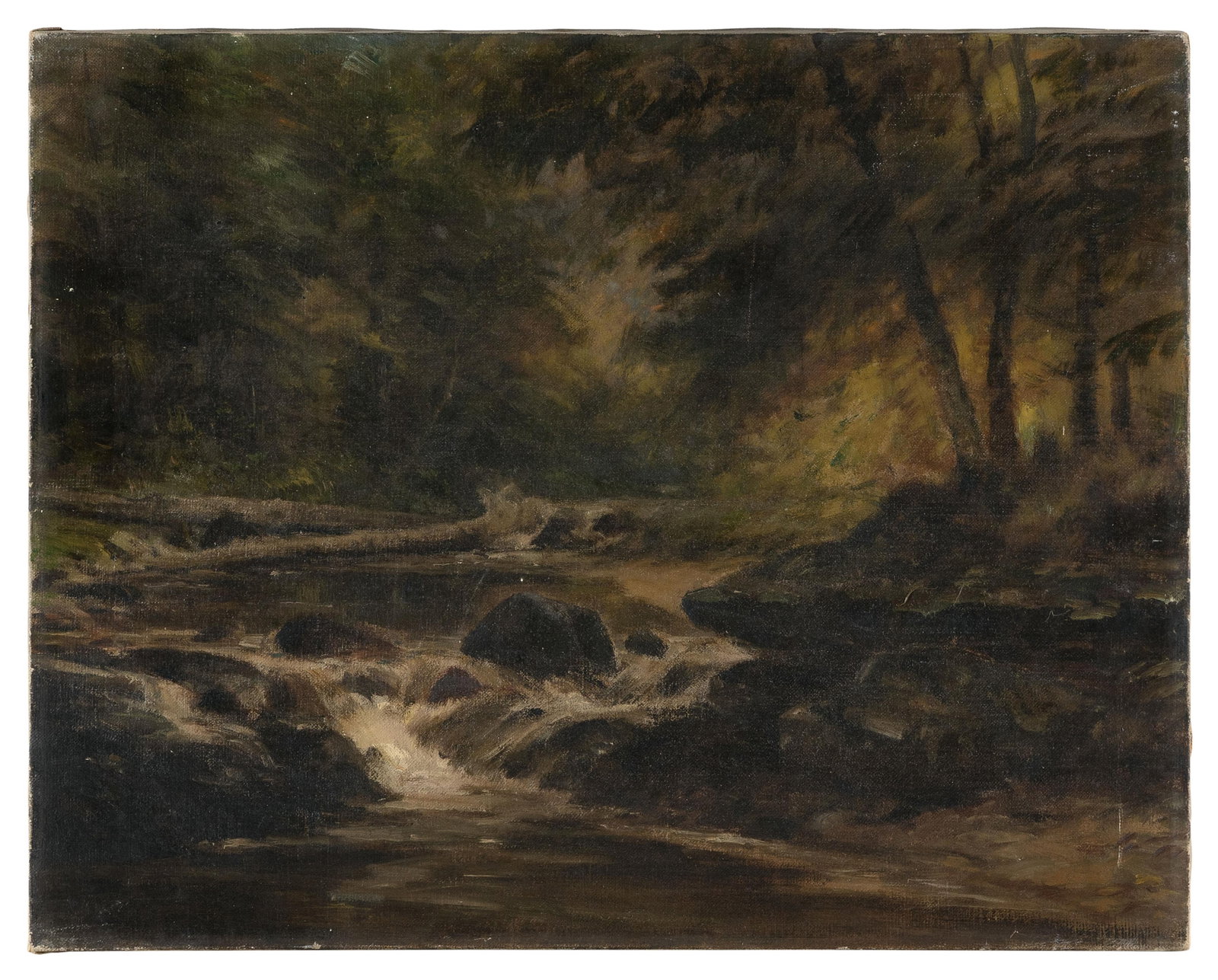 AMERICAN SCHOOL (Late 19th Century,), Rocky stream in the woods., Oil on canvas, 16" x 20".: AMERICAN SCHOOL Late 19th Century Rocky stream in the woods. Unsigned. Oil on canvas, 16" x 20". Unframed.