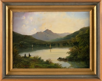 AMERICAN SCHOOL (Late 19th Century,), Mountain lake scene., Oil on canvas, 11" x 15". Framed 15" x