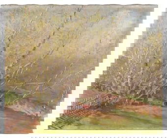 AMERICAN SCHOOL (Early 20th Century,), A young boy pulling a red wagon., Oil on canvas, 14" x 17".