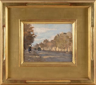 AMERICAN SCHOOL (20th Century,), Figures on a tree-lined street., Oil on canvas, 8" x 9.25". Framed