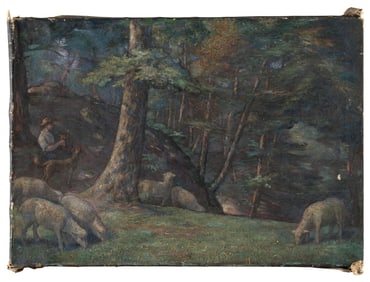 AMERICAN SCHOOL (19th Century,), Shepherd and his flock in a forest clearing., Oil on canvas, 24" x