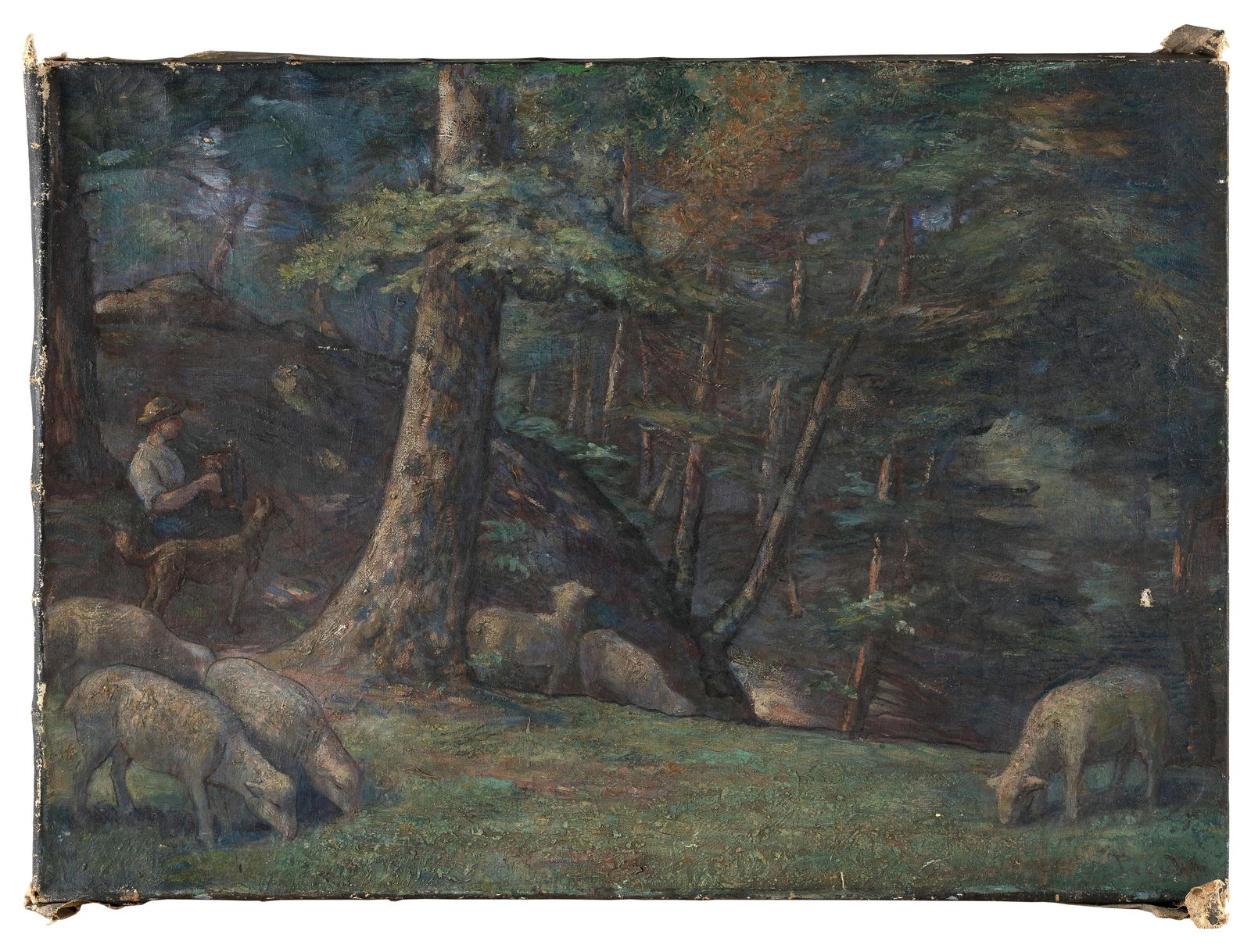 AMERICAN SCHOOL (19th Century,), Shepherd and his flock in a forest clearing., Oil on canvas, 24" x (1 of 2)
