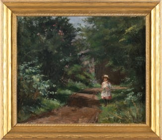 AMERICAN OR ENGLISH SCHOOL (Early 20th Century,), Young girl in woodland landscape., Oil on canvas,