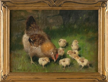 ARTHUR HEYER (Germany, 1872-1931), Hen and chicks., Oil on cardboard panel, 9" x 13". Framed 12" x