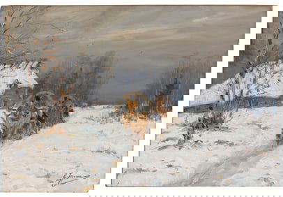 AMERICAN SCHOOL (20th Century,), Team of horses in a winter landscape., Gouache on board, 13" x 19".