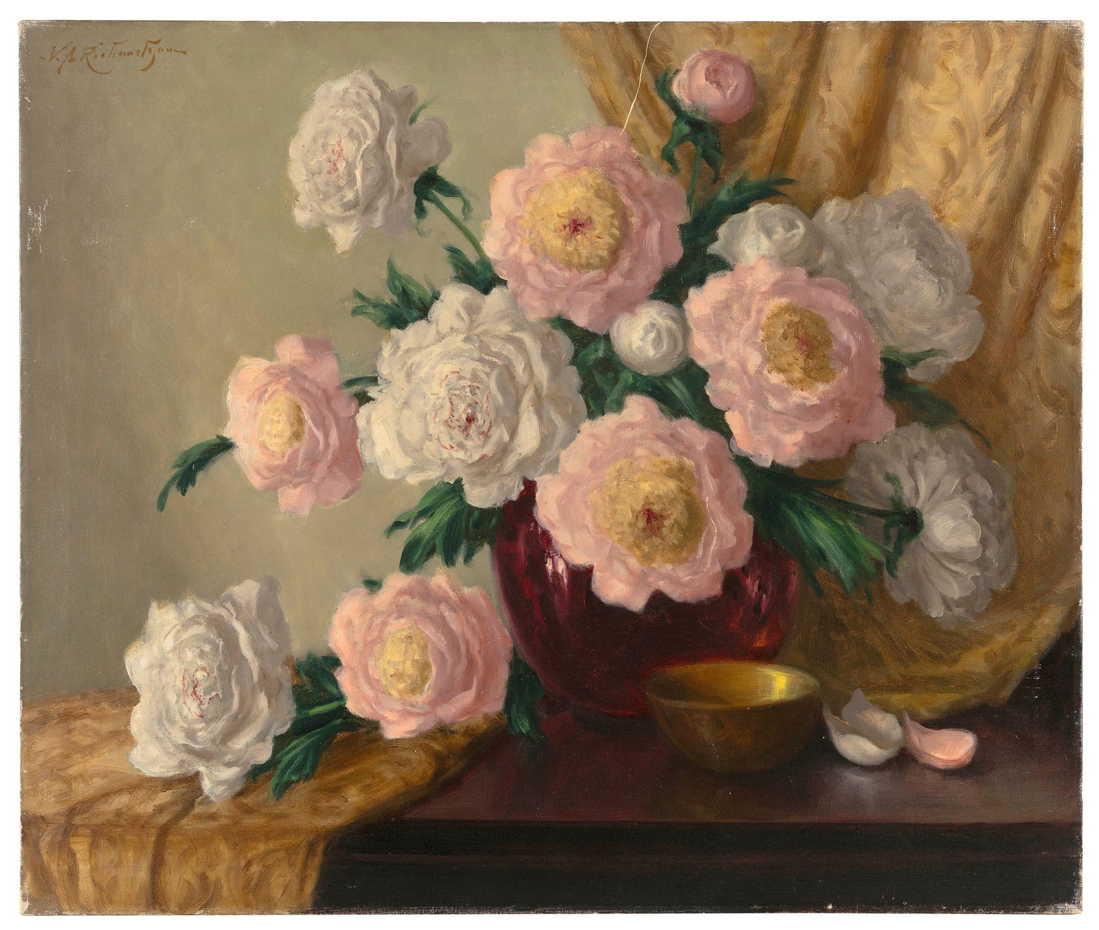 VOLNEY ALLAN RICHARDSON (Texas/New York, 1880-1955), "Peonies"., Oil on canvas, 30" x 36". Unframed. (1 of 2)