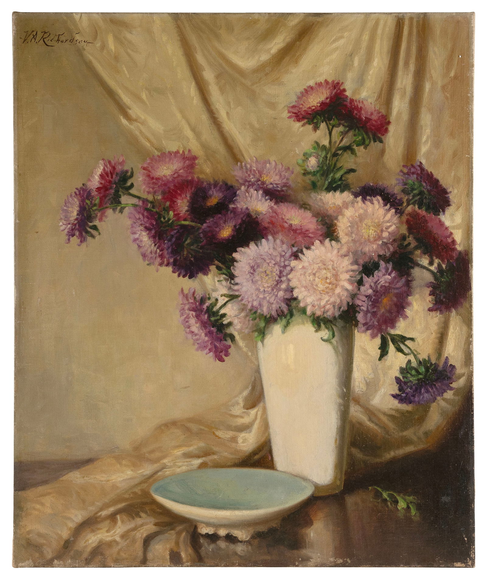 VOLNEY ALLAN RICHARDSON (Texas/New York, 1880-1955), "Asters and Old Brocade"., Oil on canvas, 38" x (1 of 2)