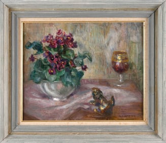 MARGUERITE STUBER PEARSON (Massachusetts, 1898-1978), Tabletop still life of flowers, a wineglass