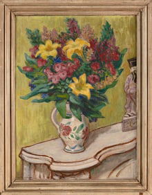 PENINA KISHORE (New York, Early 20th Century), Still life of a pitcher of flowers on a mantel.