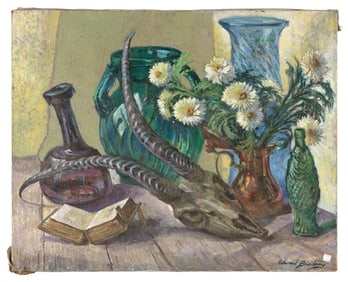 EDWARD BRODNEY (Massachusetts/Florida, 1910-2002), Still life of glass vases, white flowers, an open