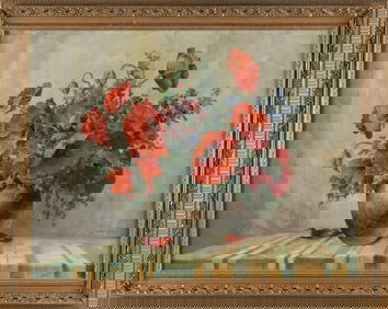 AMERICAN SCHOOL (Mid-20th Century,), Still life of red anemones., Oil on canvas, 24" x 30". Framed