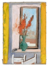 AMERICAN SCHOOL (Mid-20th Century,), Still life of a pitcher of flowers on a windowsill., Oil on