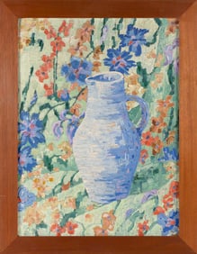 AMERICAN SCHOOL (20th Century,), White pitcher against a floral background., Oil on board, 24" x