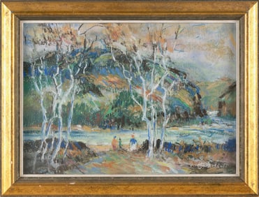 JOHN CHETCUTI (Massachusetts, 1900-1976), Figures at a bend in the river., Pastel on paper, 9.75" x