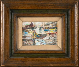 JOHN CHETCUTI (Massachusetts, 1900-1976), Fisherman with boats., Gouache on cardboard, 5" x 7".