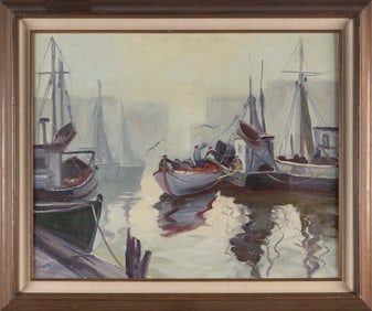 RUSS WEBSTER (Massachusetts, 1904-1984), Commercial fishing boats in the harbor., Oil on canvas, 24"