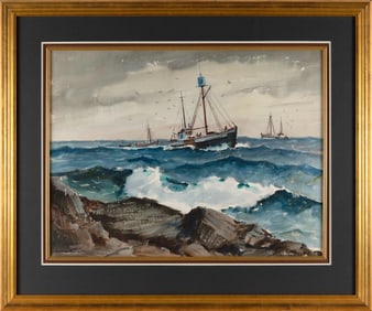 DON STONE (Maine/New Hampshire, 1929-2015), "Heading Home", depicting fishing boats headed in.,