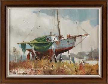 MARSHALL WOODSIDE JOYCE (Massachusetts, 1912-1998), Out for repairs., Oil on board, 18" x 24".