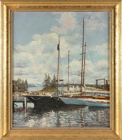 AMERICAN SCHOOL (20th Century,), Yachts at dock., Oil on canvas, 24" x 20". Framed 29" x 24.5".