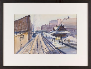 CHARLES PETER DEMETROPOULOS (Massachusetts, 1912-1976), Train tracks through a city., Watercolor,