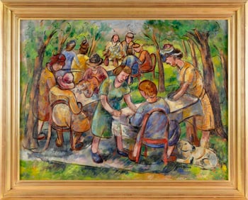 LOUIS WOLCHONOK (New York, 1898-1973), Dining in the park., Oil on canvas, 28" x 36". Framed 34" x