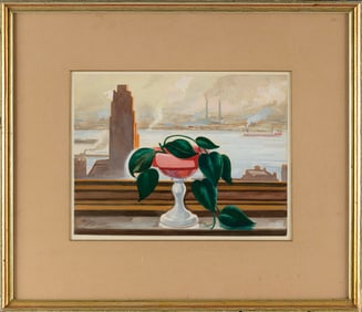 HARRY SLATER (America, Mid-20th Century), Window overlooking a city., Gouache, 9.5" x 13". Framed