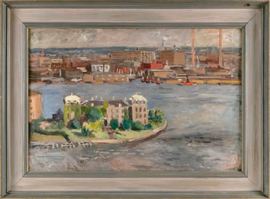 AMERICAN SCHOOL (20th Century,), City harbor., Oil on canvas, 20" x 30". Framed 27" x 37".