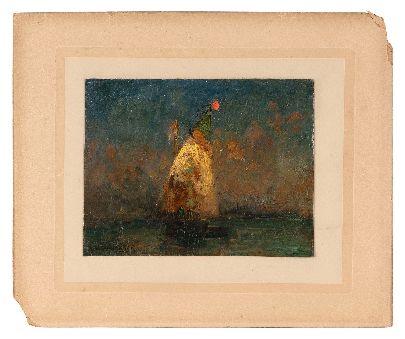 GEORGE WILLIAM WHITAKER (Rhode Island/New York/Massachusetts, 1841-1916), Venetian boats., Oil on: GEORGE WILLIAM WHITAKERRhode Island/New York/Massachusetts, 1841-1916Venetian boats. Signed lower left "G. Whitaker".Oil on board, 6.75" x 8.25". Unframed but mounted on cardboard 11.5" x 14".