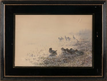 GEORGE EDWARD LODGE (England/Scotland, 1860-1954), Mallards in a misty marsh., Watercolor and