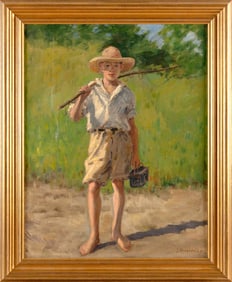 JULIUS BERZEVIZY (New York/Hungary, b. 1875), A young boy going fishing., Oil on canvas, 23" x 18".