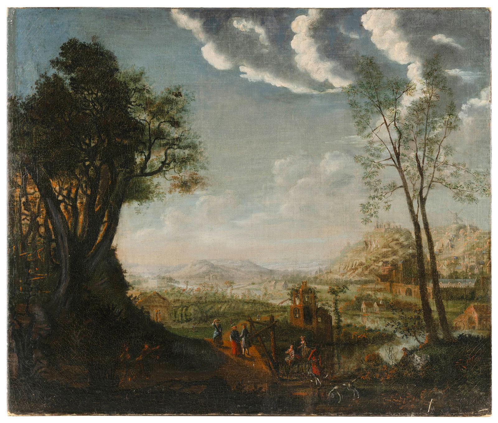 CONTINENTAL SCHOOL (19th Century,), Expansive landscape with figures and a distant castle., Oil on (1 of 2)