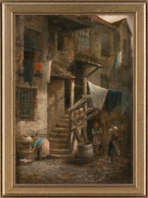 CONTINENTAL SCHOOL (19th Century,), Washerwomen gathered outside., Oil on board10.75" x 11.5".