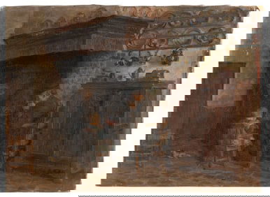 CONTINENTAL SCHOOL (19th Century,), Family gathered around a fireplace., Oil on canvas, 17" x 23.5".