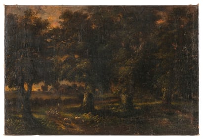 CONTINENTAL SCHOOL (19th Century,), Landscape with a flock of sheep., Oil on canvas board, 20" x