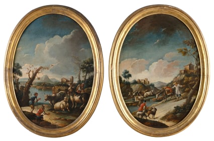 CONTINENTAL SCHOOL (18th Century,), Pair of landscapes with shepherds and animals., Oils on canvas,