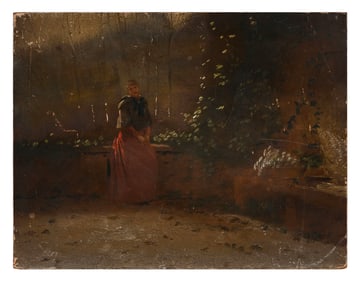ENGLISH OR CONTINENTAL SCHOOL (Late 19th Century,), Woman seated in a garden., Oil on wood panel,
