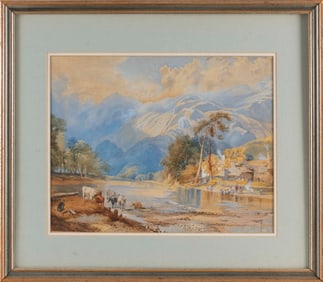 ENGLISH SCHOOL (Mid-19th Century,), River landscape below looming mountains., Watercolor, 14" x 18"