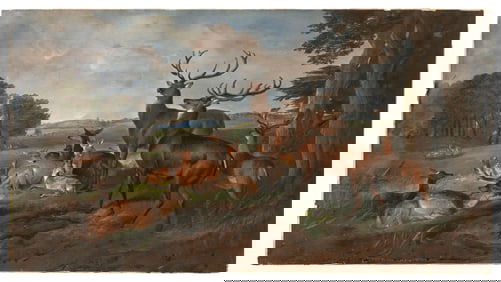 ENGLISH SCHOOL (19th Century,), Herd of deer at rest., Watercolor and gouache on cardboard, 19”