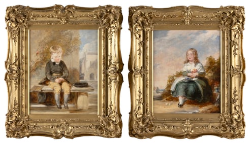 ENGLISH SCHOOL (Late 19th Century,), Pair of portraits, one of a boy seated on a bench and the other