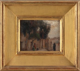 ROBERT HENRY LOGAN (Massachusetts, 1875-1942), Middle Eastern village scene., Oil on board, 6" x