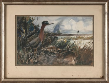 JOHN WHORF (Massachusetts, 1903-1959), A heron on shore., Watercolor on paper, 12" x 19" sight.