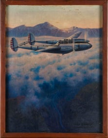 WALTER L. GREENE (New York, 1870-1956), Portrait of a P-38 Lightning airplane., Oil on canvas, 26" x