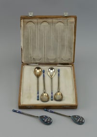 CASED SET OF SIX RUSSIAN SILVER AND ENAMEL SPOONS Late 19th/Early 20th Century Lengths 5.25".